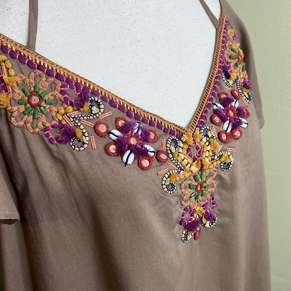 anthropologie blank london taupe tie neck beaded neckline flutter sleeve top - Picture 5 of 17